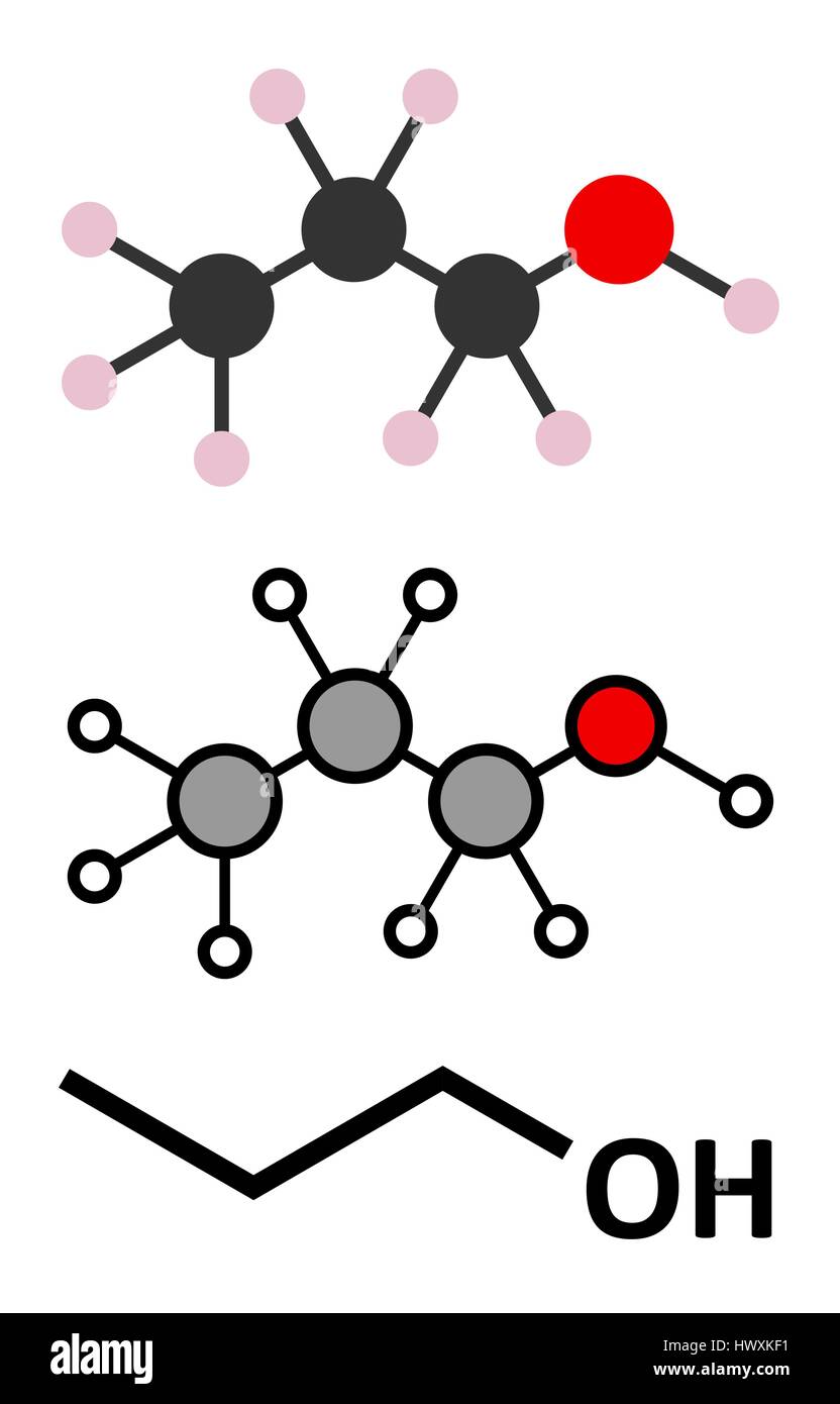 Propanol (n-Propanol) Lösungsmittel Molekül. Stilisierte 2D Renderings ...
