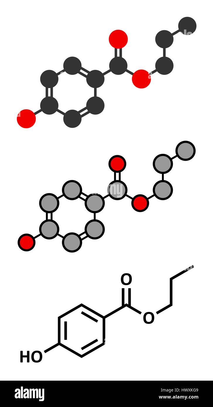 Propyl Paraben Konservierungsmittel Molekül. In Lebensmitteln und Kosmetika verwendet. Stilisierte 2D Renderings und konventionellen Skelettformel. Stock Vektor