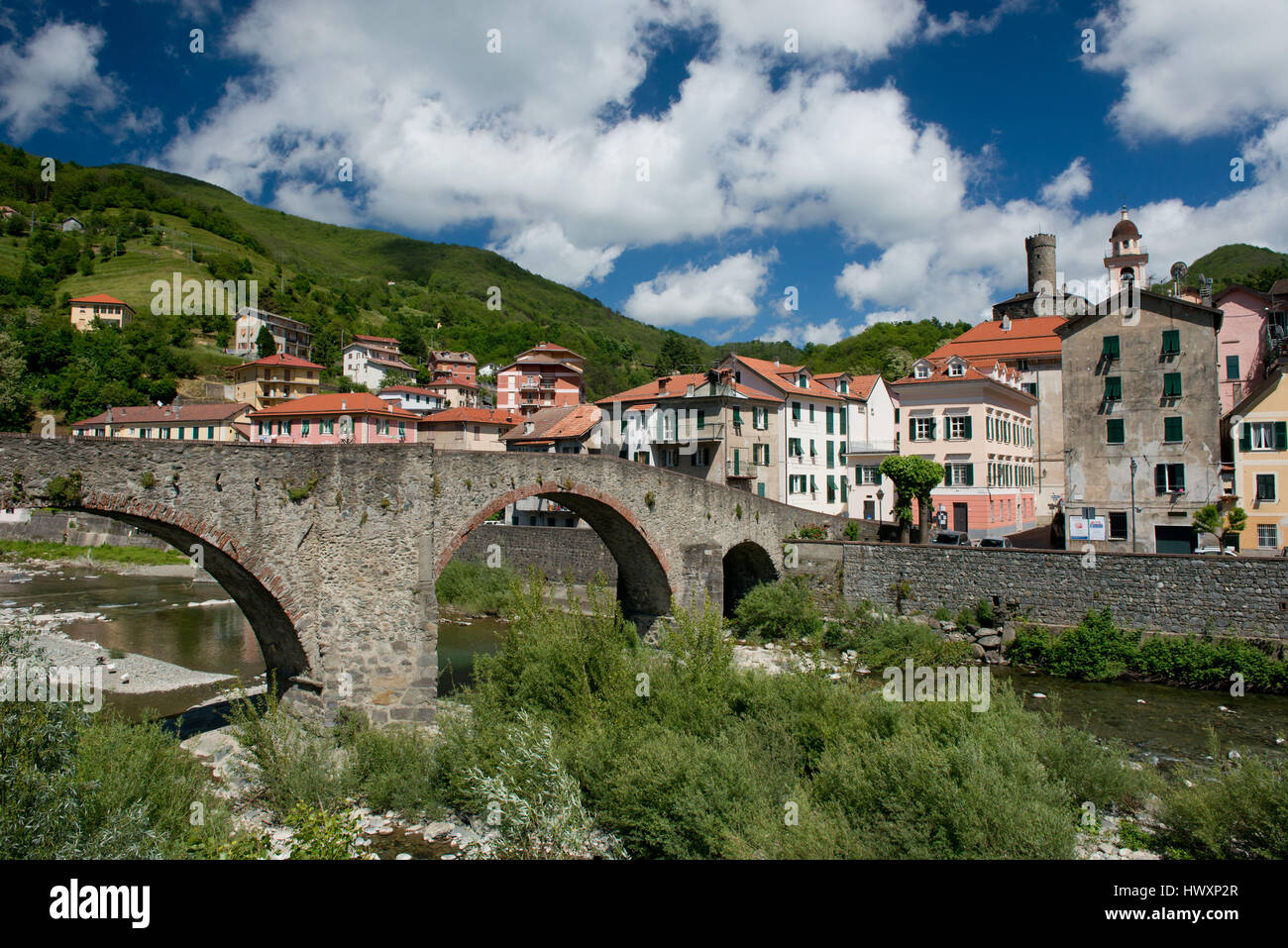 Panorama des Dorfes Campo Ligure, Teil des Vereins den schönsten italienischen Dörfern. Befindet sich in Ligurien Stockfoto
