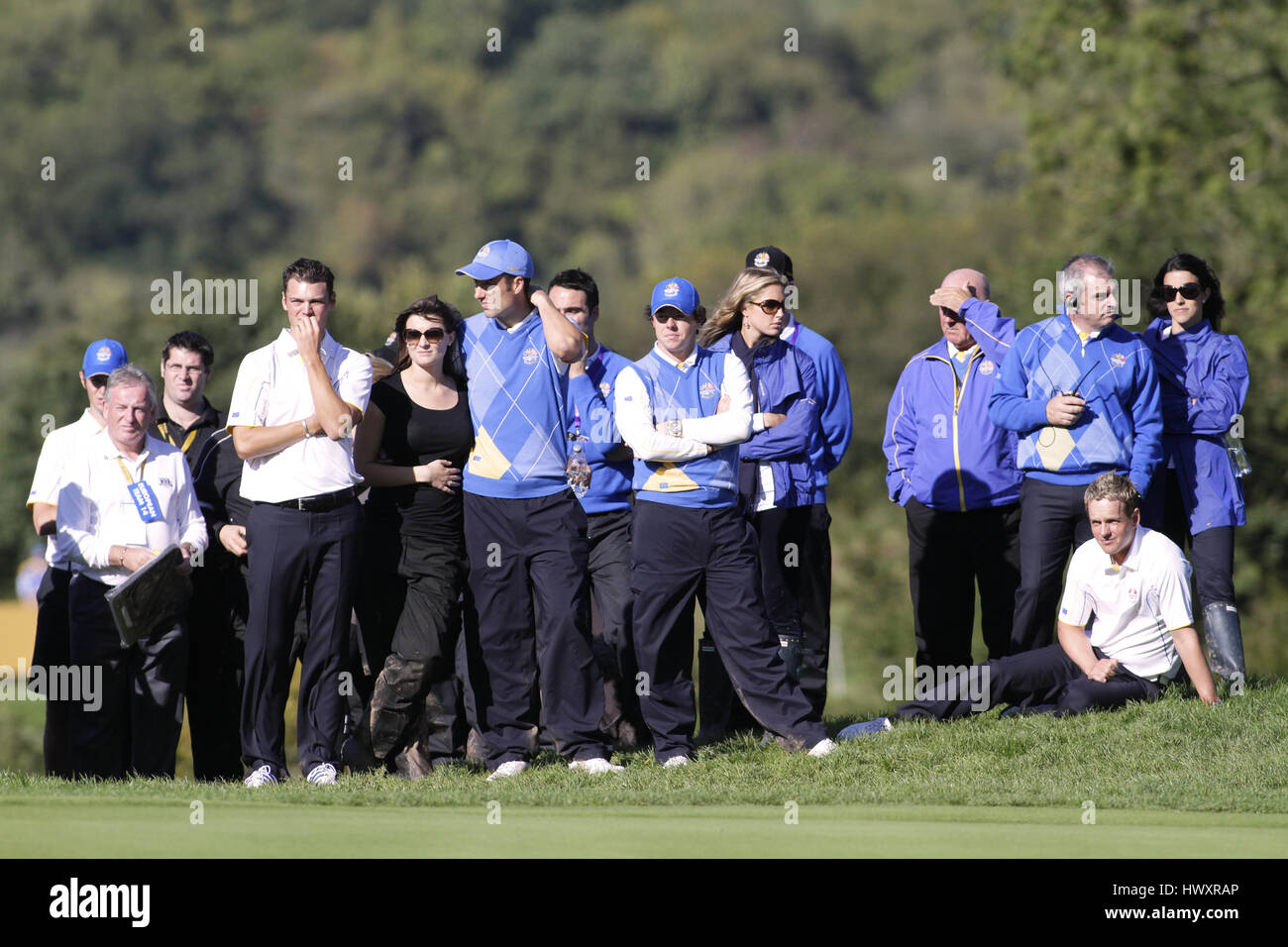 SPANNENDE Momente auf der 15. Grün europäische Spieler Spieler CELTIC MANOR RESORT Kulturhauptstadt NEWPORT, WALES 4. Oktober 2010 Stockfoto