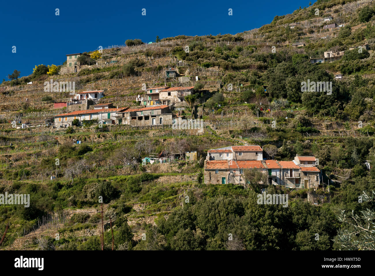 Das Dorf der Schiara, an der Küste zwischen Portovenere und Riomaggiore gelegen, Stockfoto