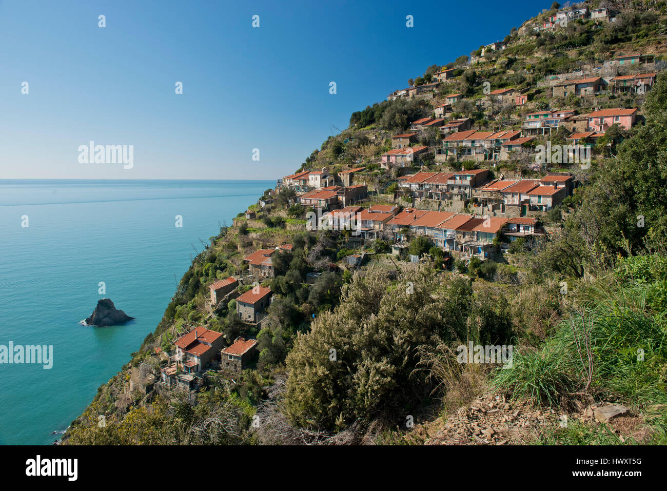 Das Dorf der Schiara, an der Küste zwischen Portovenere und Riomaggiore gelegen, Stockfoto