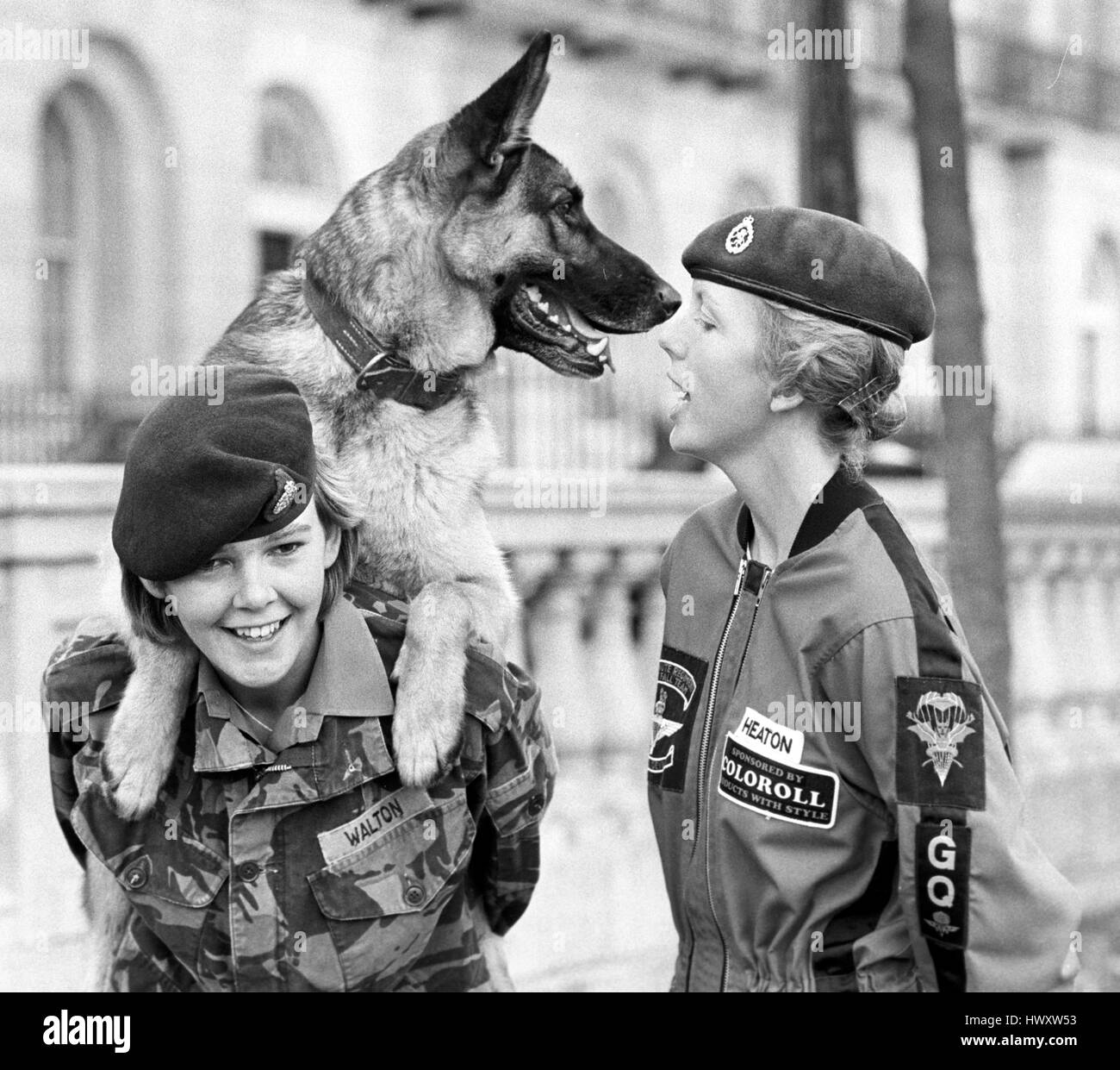 Militärpolizei Hund "Dallas" Nasen in auf Corporal Annette Heaton (r), der die Red Devils Fallschirm Team mit Sitz in Aldershot, als er einen Aufzug von privaten Eley Walton, bei Kennelmaid Corps Einheit in Melton Mowbray in London bekommt. Stockfoto