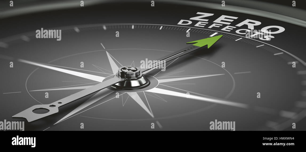 Kompass mit Nadelspitze Text Null Mängel, 3D Illustration des Total Quality Management-Ziele Stockfoto