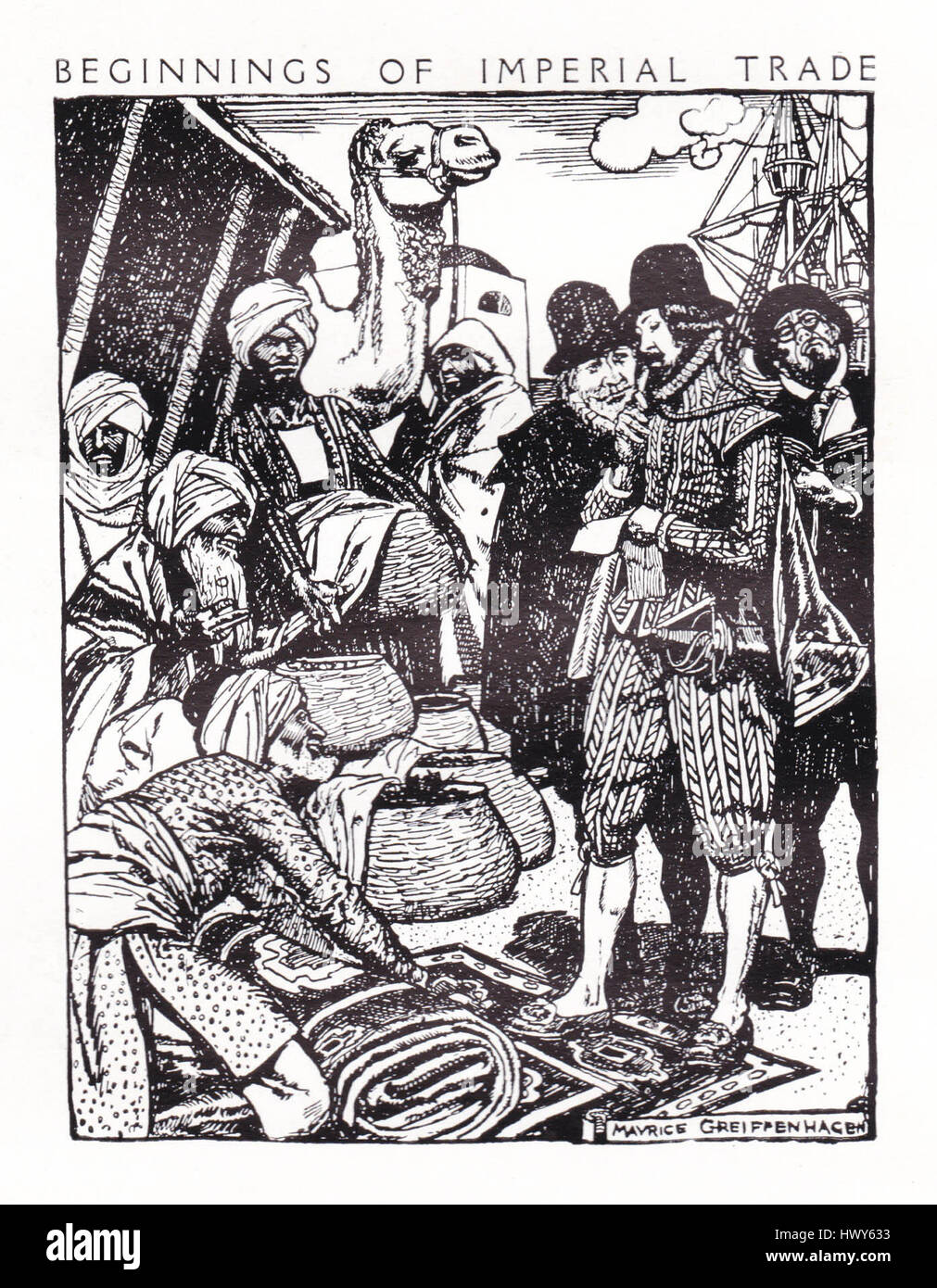 „Beginnings of Imperial Trade“ von Maurice Greiffenhagen schildert den Beginn des Welthandels während der Kaiserzeit. Das Gemälde erfasst wahrscheinlich die historische Bedeutung von Handelsrouten und die Wechselwirkungen zwischen Reichen und ausländischen Märkten. Stockfoto