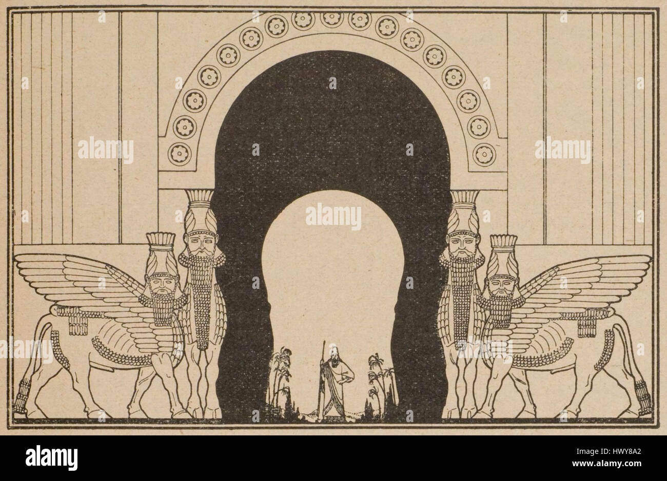 Die „Assyrische Torwache“ bezieht sich auf eine assyrische Torwache, die in der altehrwürdigen assyrischen Kunst dargestellt wird. Diese Wachen werden typischerweise in Skulpturen und Reliefs dargestellt, die die Macht und militärische Stärke des assyrischen Reiches symbolisieren, das für seine militärische Stärke bekannt war. Stockfoto