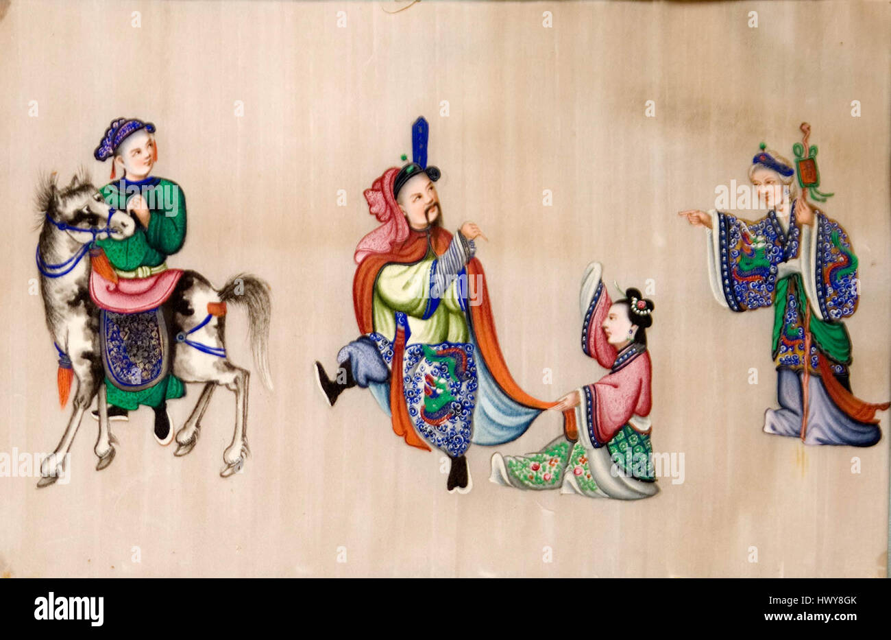 Diese unbekannte orientalische Szene aus der Sammlung des BMVB zeigt vier Figuren, die möglicherweise einen Moment von kultureller oder historischer Bedeutung darstellen. Das Gemälde konzentriert sich auf Kleidung und Haltung der Figuren und zeigt eine ostasiatische oder nahöstliche Ästhetik. Stockfoto