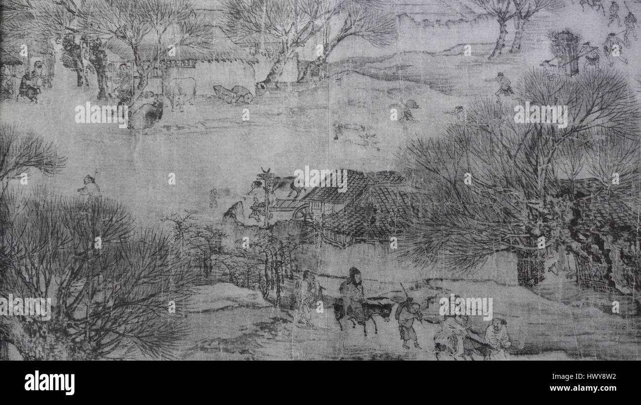 Dieses Detail aus einer vor der Restaurierung entstandenen Version des berühmten chinesischen Gemäldes „entlang des Flusses während des Qingming Festivals“ zeigt eine geschäftige Flussszene mit Händlern, Reisenden und verschiedenen architektonischen Details. Das Gemälde ist bekannt für seine lebendige Darstellung des Lebens während der Nördlichen Song-Dynastie. Stockfoto