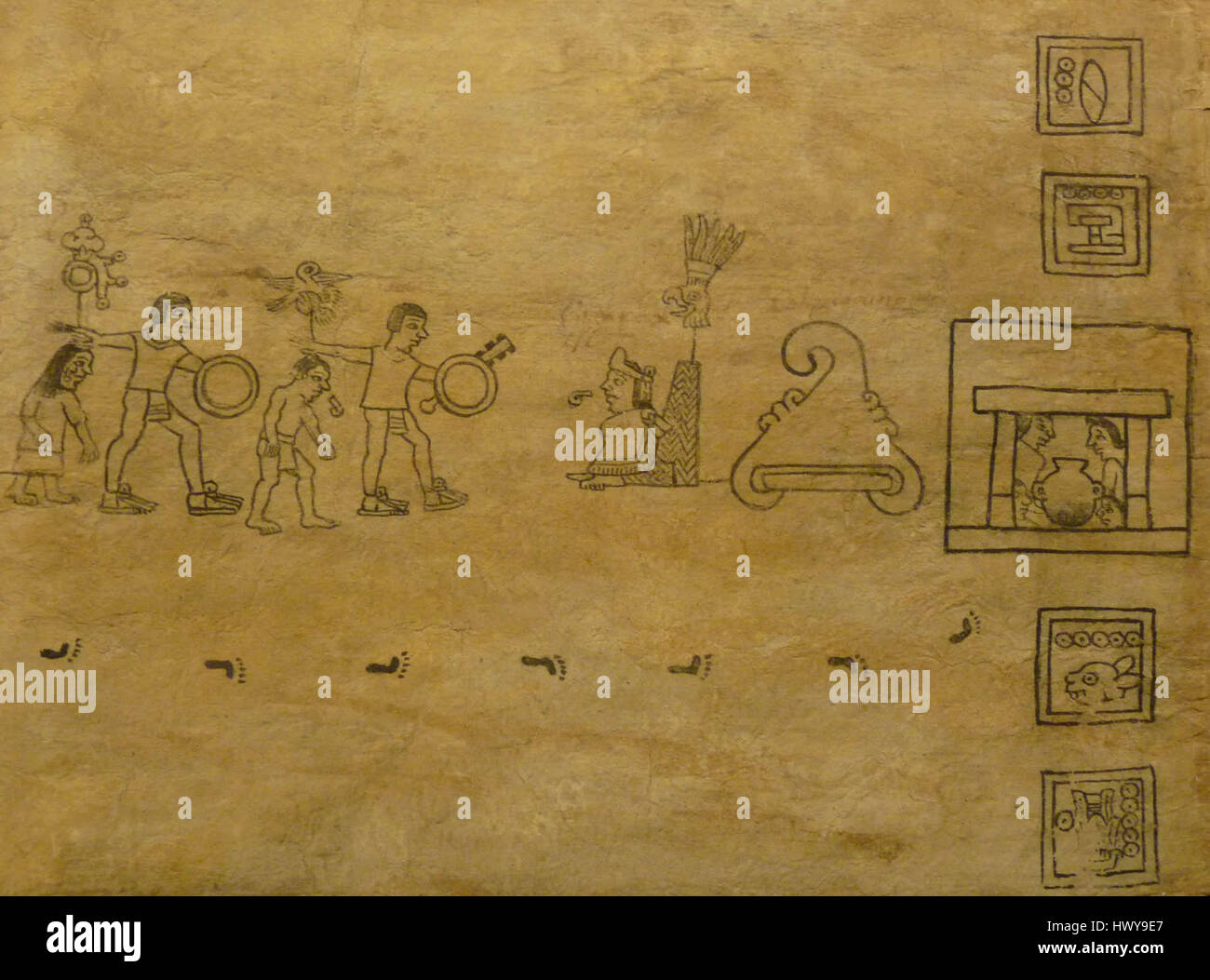 Der *Boturini Codex*, ein präkolumbisches Manuskript, ist ein wichtiges historisches Dokument, das die Migration und Mythologie der Azteken dokumentiert. Folio 20 ist eine wichtige Seite im Codex, die wichtige Aspekte der aztekischen Reise und ihrer kulturellen Traditionen veranschaulicht. Stockfoto