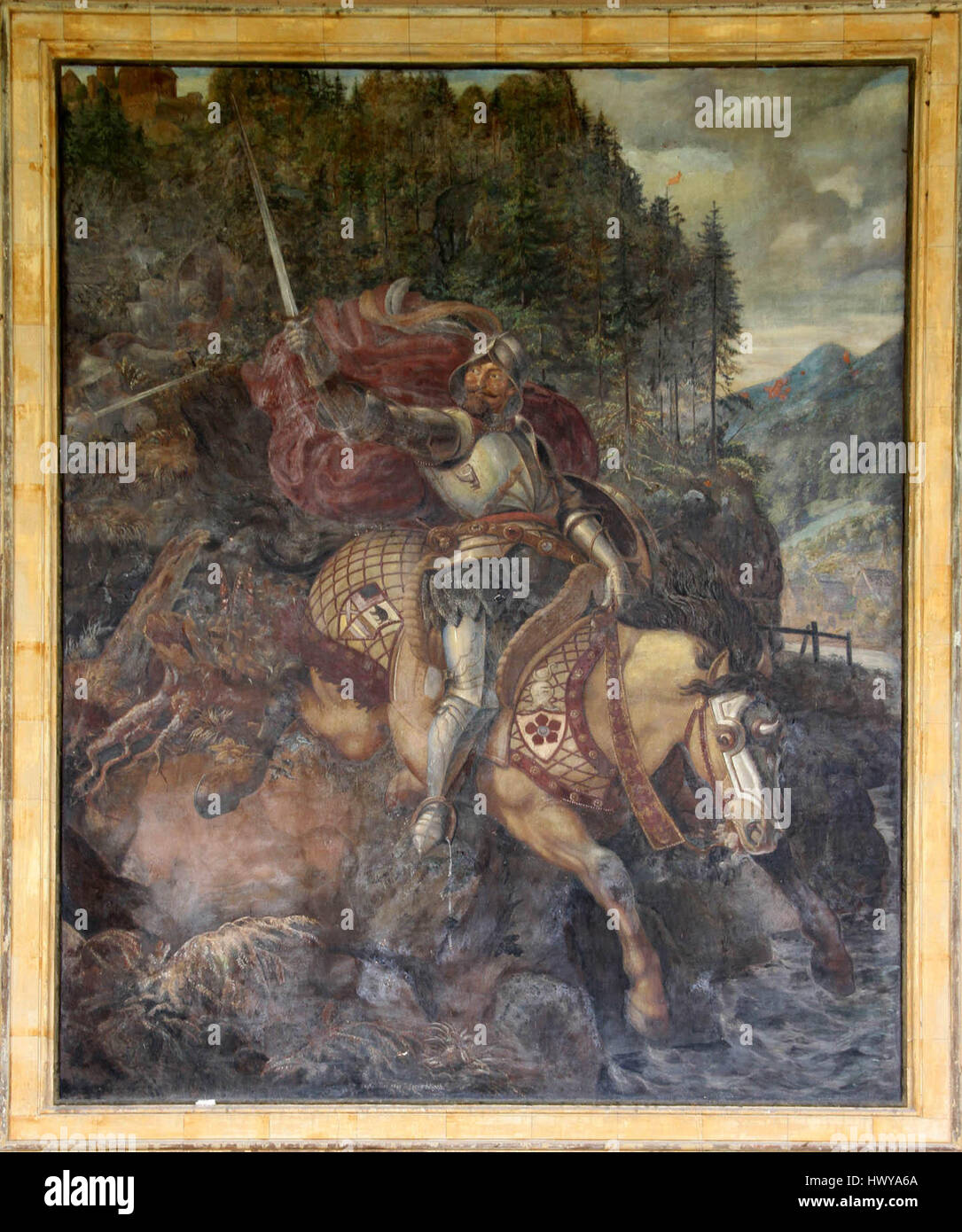 Dieses Fresko in der Trinkhalle in Baden-Baden zeigt den Grafensprung, ein legendäres Ereignis, das mit der Geschichte der Stadt verbunden ist. Das Fresko ist Teil einer Serie, die die Geschichte und Folklore der Region veranschaulicht und das Können der Künstler des 19. Jahrhunderts bei der Erfassung lokaler Legenden zeigt. Stockfoto