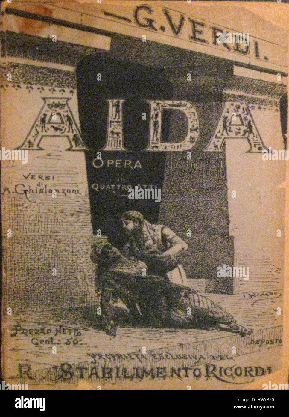 Das Libretto von „Aida“ von Giuseppe Verdi aus dem Jahr 1890 ist ein Schlüsseltext für die Oper und enthält die Texte für die dramatischen Szenen im ägyptischen Setting. Das Libretto ist bekannt für seine lebendige Erzählkunst und musikalische Komposition. Stockfoto