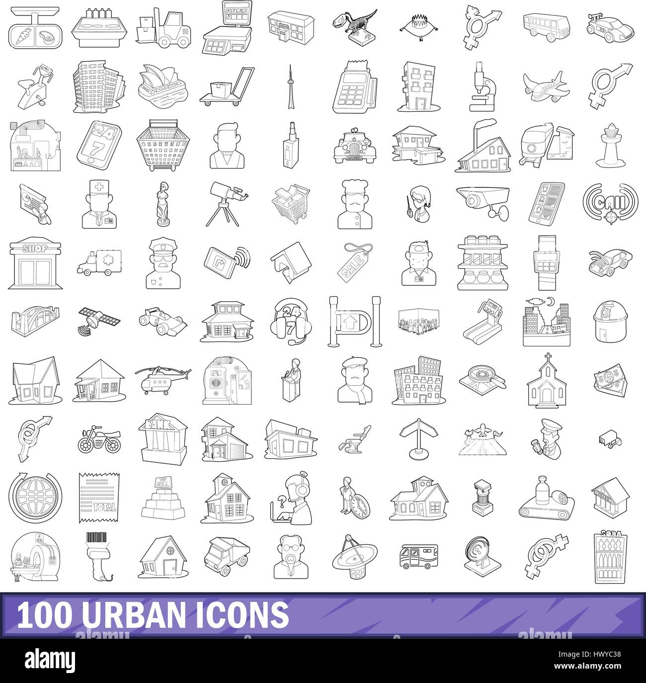 100 städtische Icons Set, Umriss-Stil Stock Vektor