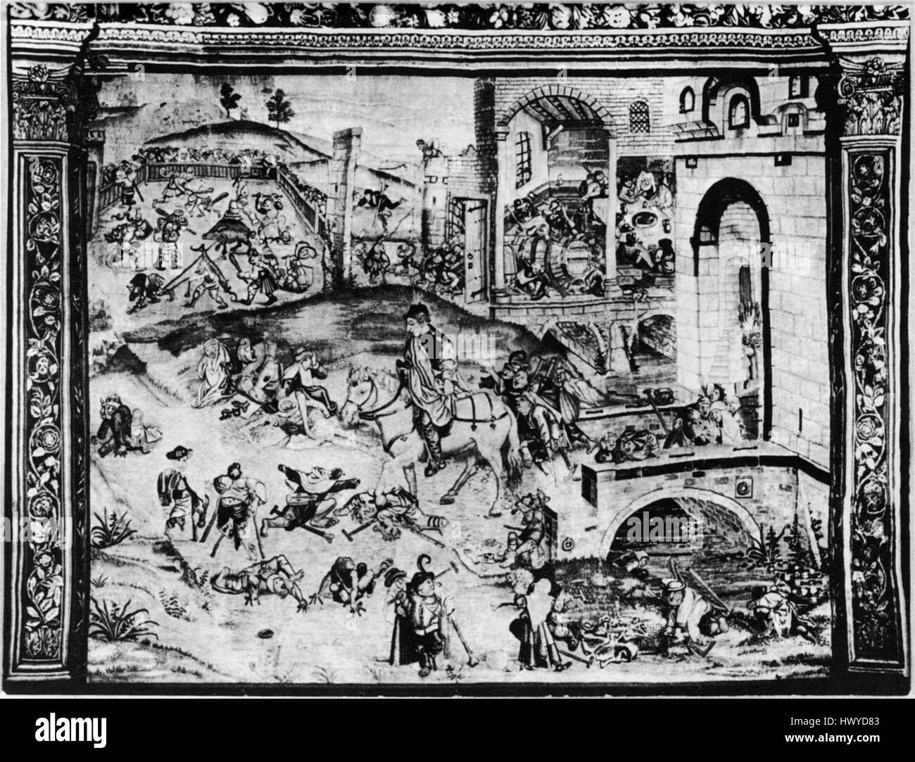 Dieses Werk, inspiriert von Jheronimus Bosch, spiegelt seinen einzigartigen Ansatz für surreale und moralistische Kunst wider. Das Gemälde fängt bizarre, traumhafte Szenen mit komplizierten Details ein und erforscht Themen der Sünde und der menschlichen Natur. Stockfoto