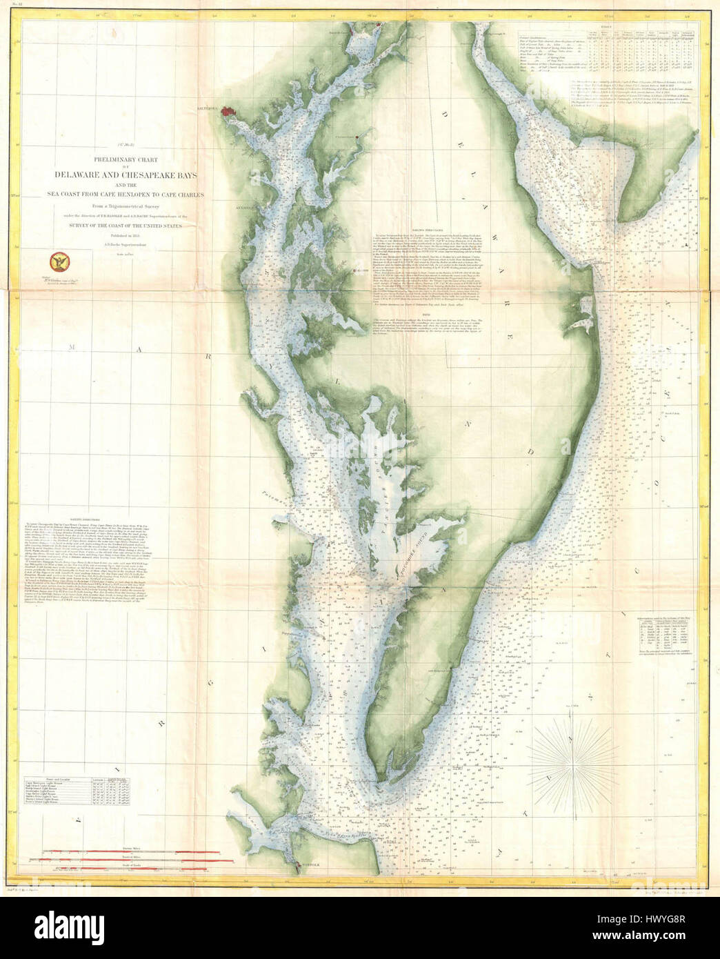 Die *1855 U.S. Coast Survey Chart* bietet eine detaillierte Karte von Chesapeake Bay und Delaware Bay, die vom U.S. Coast Survey erstellt wurde. Diese Karte zeigt die Küsten, Wassertiefen und Navigationsmerkmale, die für die Seeschifffahrt in der Mitte des 19. Jahrhunderts entscheidend sind. Stockfoto