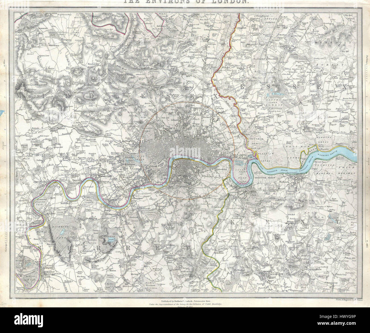 1832 S.D.U.K. Karte von London und Umgebung, England Geographicus LondonEnvirons SDUK 1832 Stockfoto