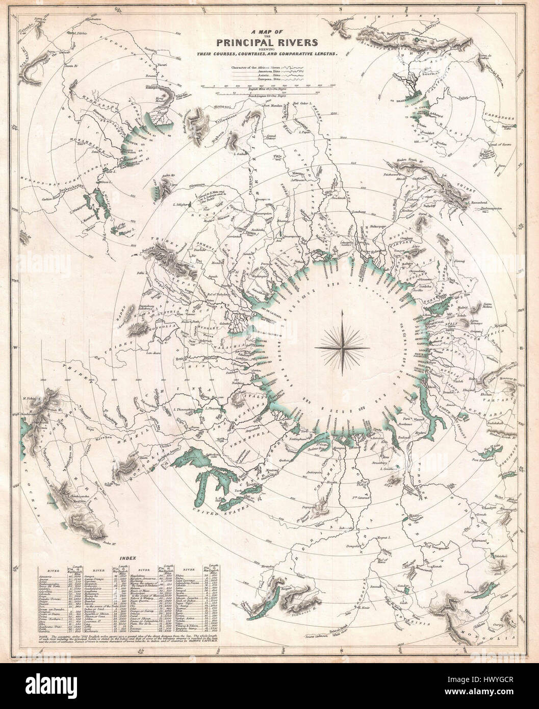 Die Vergleichskarte der Großen Flüsse der Welt 1834 (S.D.U.K.) vergleicht die großen Flüsse auf der ganzen Welt visuell. Dieses Diagramm wurde von der Society for Diffusion of Nützliches Wissen erstellt und bietet geografische Daten, die die Längen und Verläufe wichtiger Flüsse wie Nil, Amazonas und Mississippi hervorheben. Die Karte dient als Referenz für das Verständnis von Flusssystemen zueinander während des frühen 19. Jahrhunderts. Stockfoto