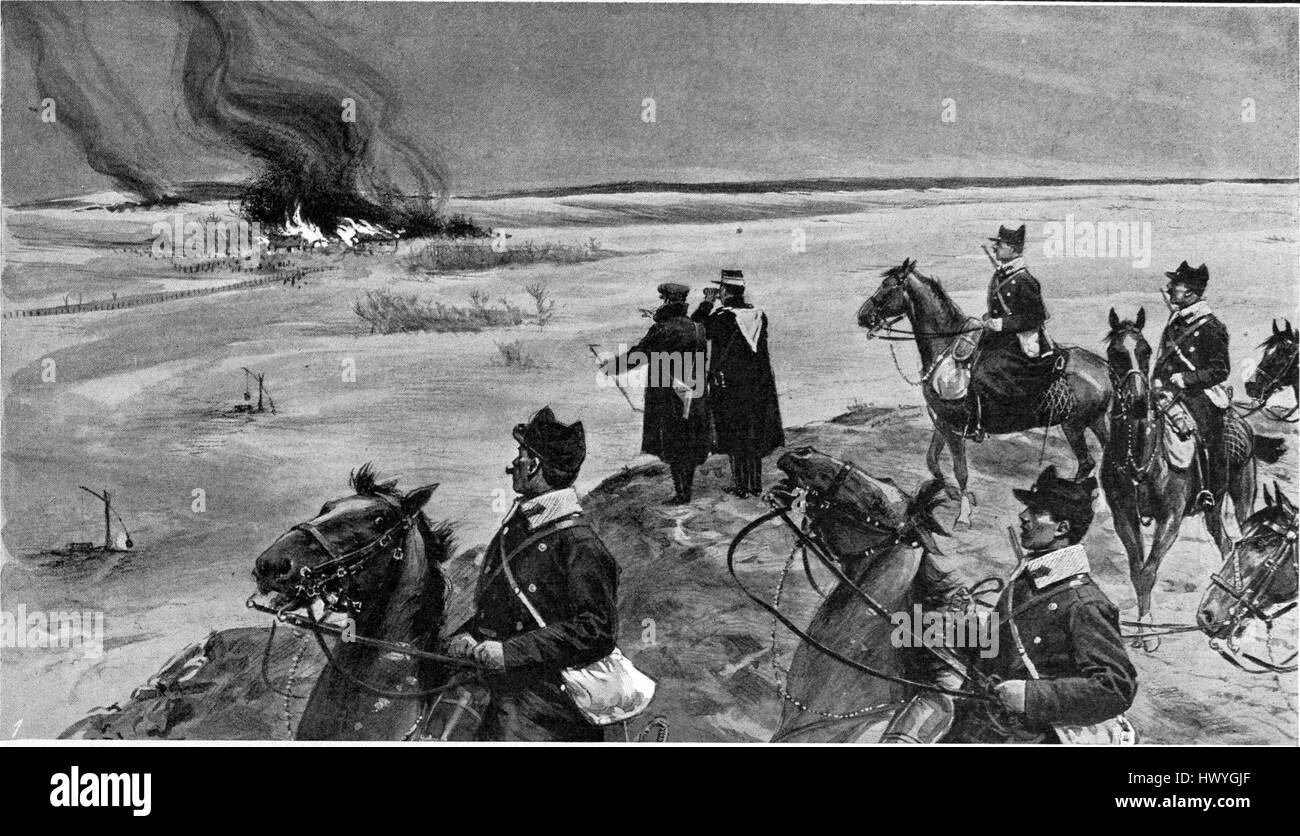 Dieses Kunstwerk zeigt eine Kavallerie-Patrouille, die die Zerstörung von Bauernhäusern durch Randalierer in der Nähe von Bujeu beobachtet und einen Einblick in historische Konflikte und Unruhen gewährt. Sie hebt die militärische Präsenz in Zeiten des Bürgerkriegs hervor. Stockfoto