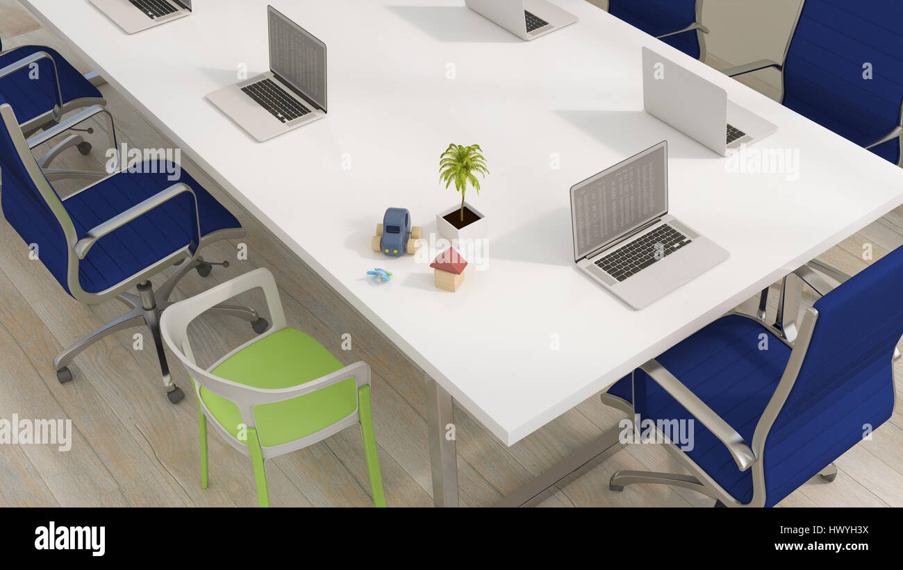 Konferenztisch mit Laptops und Familie und Urlaub Gegenstände, 3D-Rendering Stockfoto