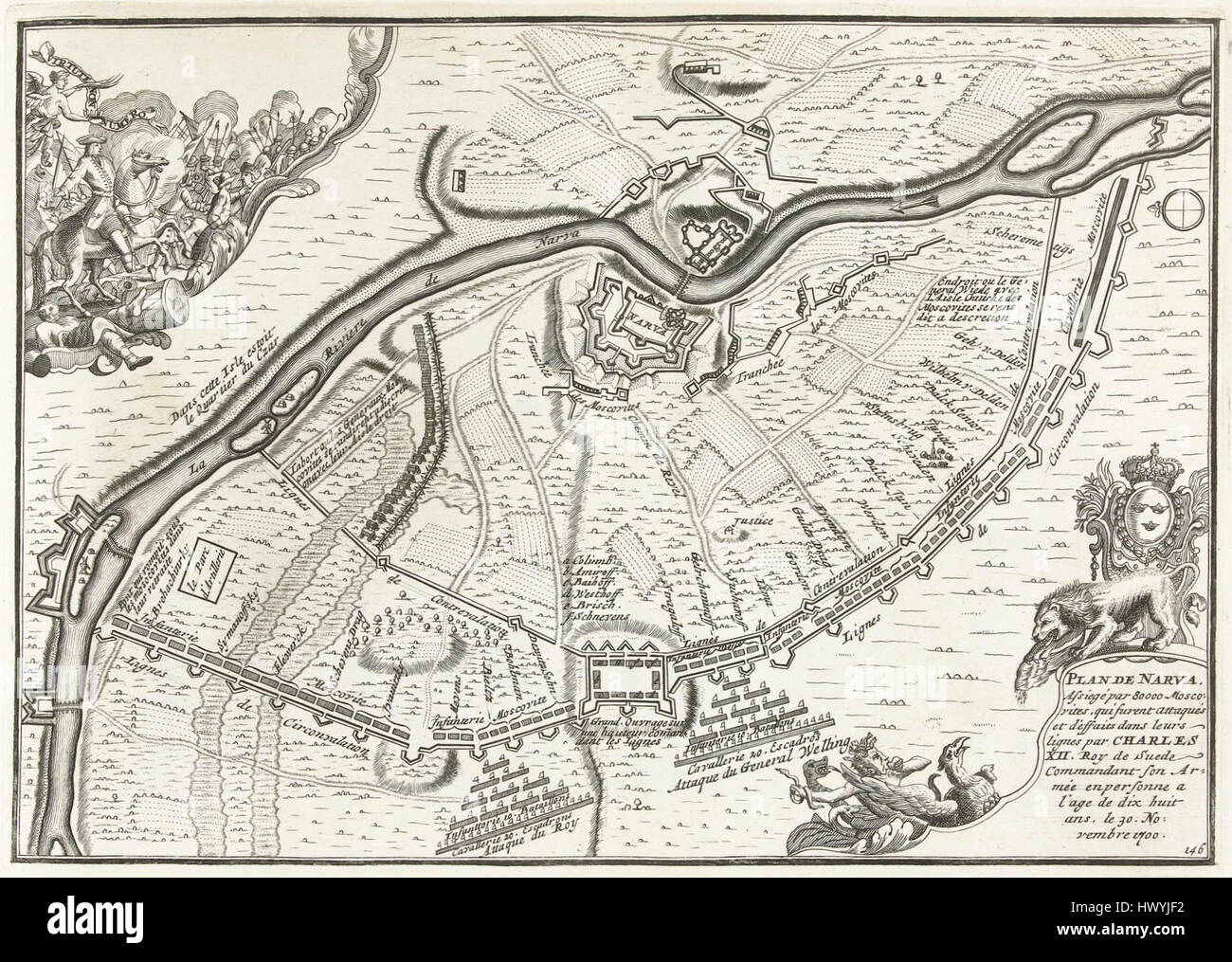 Die Schlacht von Narva, die 1700 ausgetragen wurde, war ein bedeutender Konflikt zwischen dem Russischen Reich und Schweden während des Großen Nordkrieges. Die Schlacht führte zu einem schwedischen Sieg, trotz überwältigender Chancen, was einen kritischen Moment in den Anfängen des Krieges bedeutete. Stockfoto