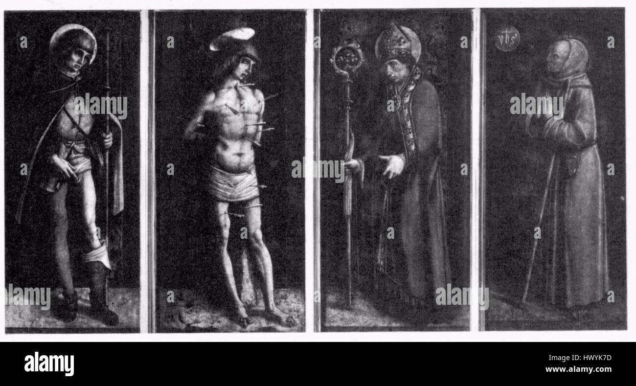 *Four Saints* von Carlo Crivelli ist ein religiöser Altaraufsatz mit vier katholischen Heiligen, bekannt für seine lebendigen Farben und die akribische Liebe zum Detail und die sakrale Symbolik des Künstlers. Stockfoto