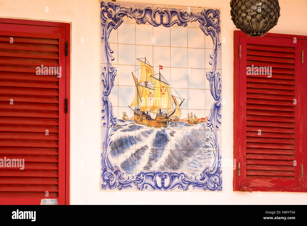 Maritime Motiv auf Haus, Baia Das Gatas, Sao Vicente, Kap Verde Inseln Stockfoto