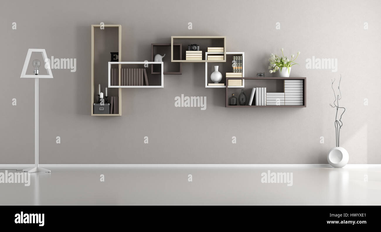 Leeren Wohnzimmer mit Regalen auf Wand- und Stehleuchte - 3d rendering Stockfoto