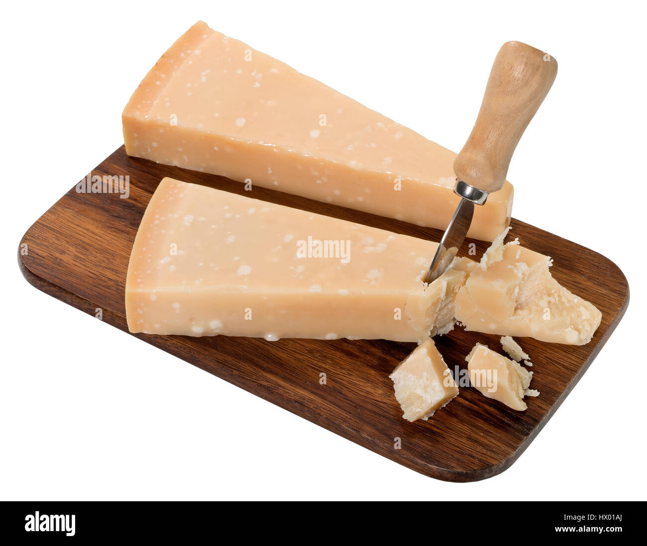 Parmesan-Käse auf ein Schneidebrett. Stockfoto