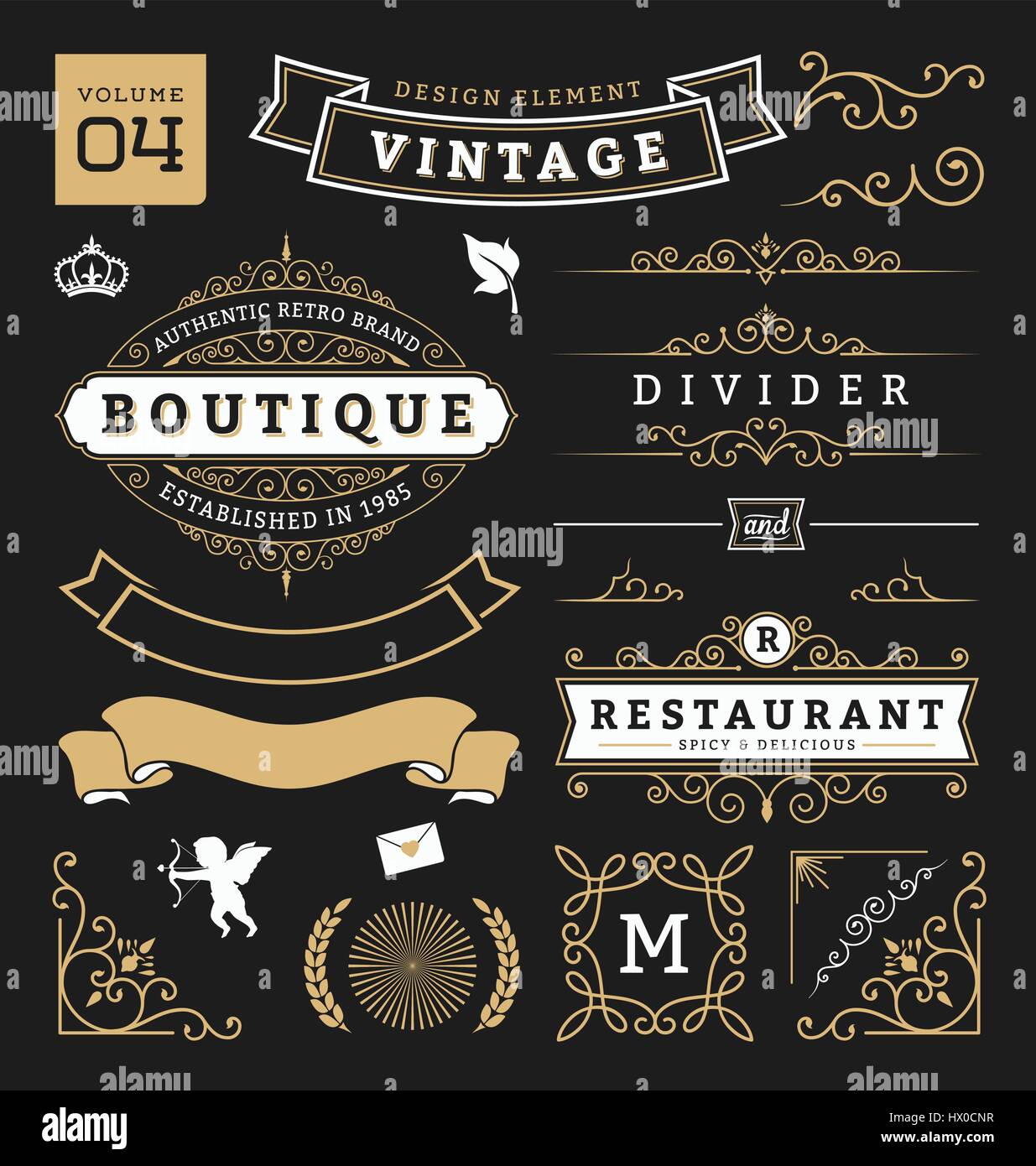 Satz Von Retro Vintage Grafik Design Elementen Zeichen Bildbezeichnungen Bander Logos Symbole Kronen Gedeihen Linie Und Ornamente Vektor Illustration Stock Vektorgrafik Alamy