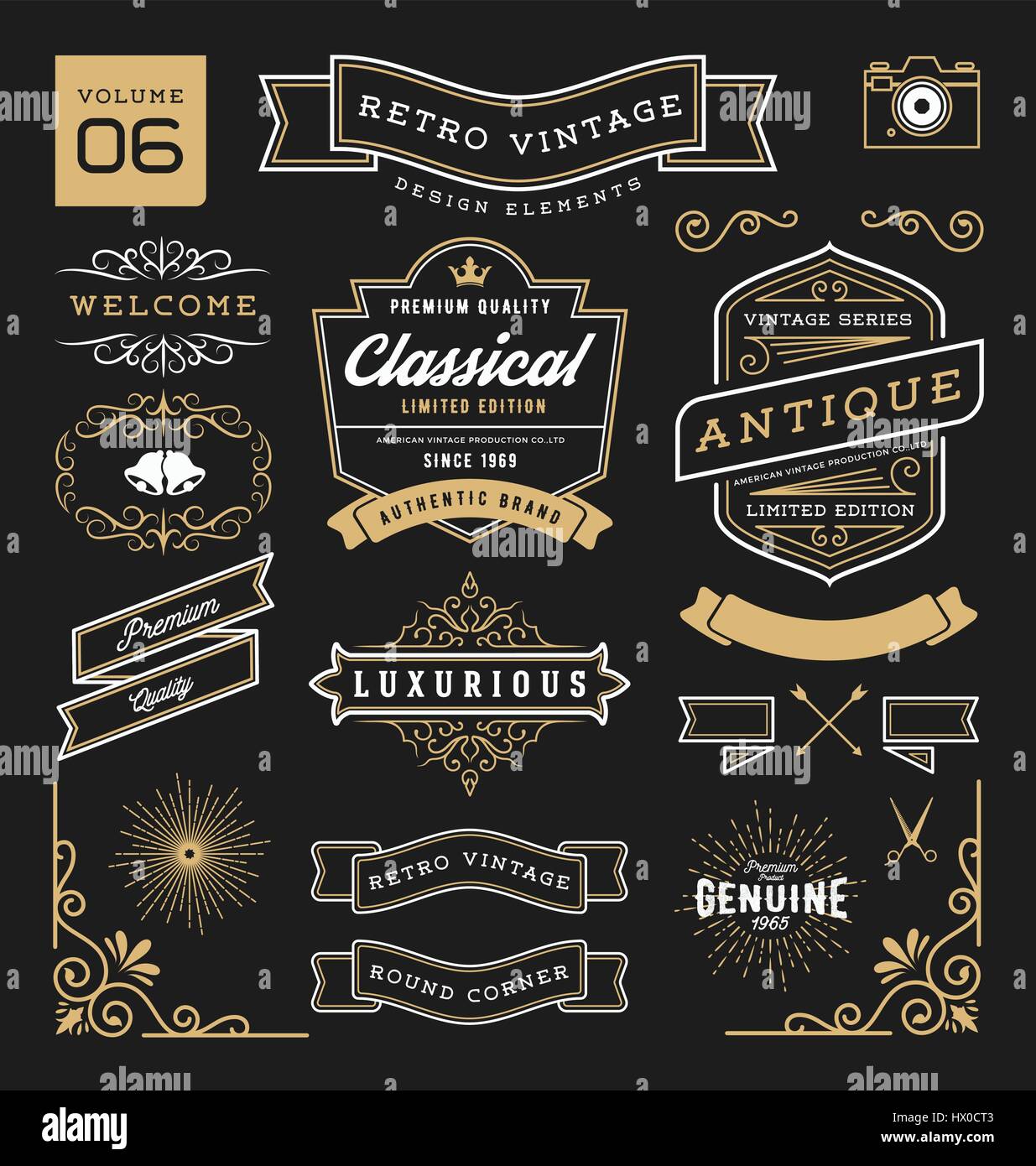 Satz Von Retro Vintage Grafik Design Elementen Zeichen Bildbezeichnungen Bander Logos Symbole Kronen Ecke Bluht Linie Und Ornamente Vektor Abbildung Stock Vektorgrafik Alamy