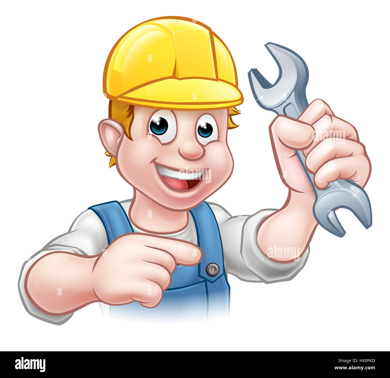 Ein Handwerker Mechaniker oder Klempner Cartoon-Figur hält einen Schraubenschlüssel und zeigen Stockfoto