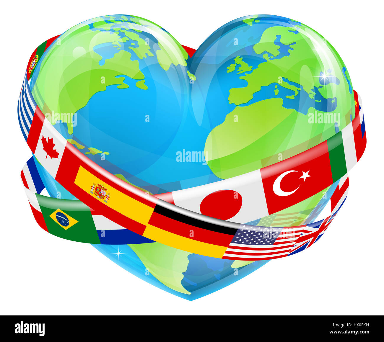 Eine Welt Erdkugel in Form eines Herzens mit Länderflaggen herum, könnte ein Konzept für World Earth Day Stockfoto