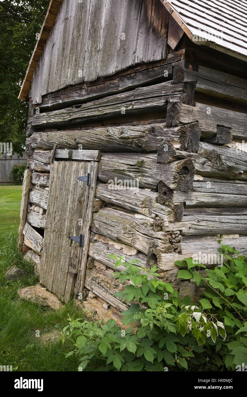 Teilweise mit Blick auf eine alte 1800s gehauenen log Lagerschuppen. Stockfoto