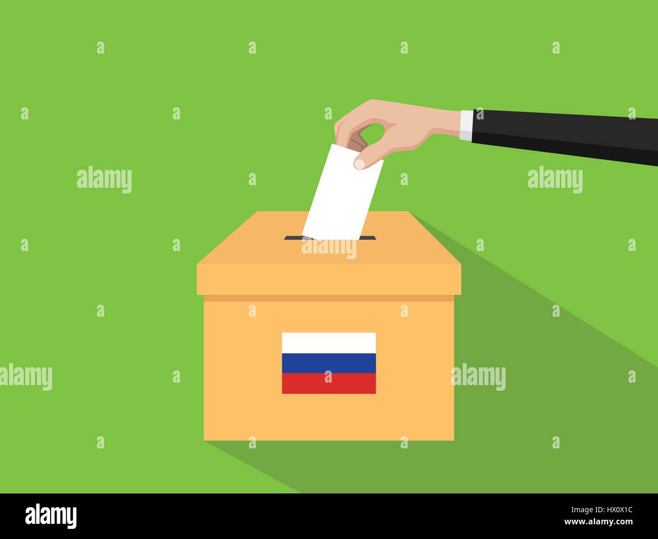 Russland Stimmen Wahl Konzept Illustration mit Menschen Wähler Hand gibt, die Stimmen Boxen Wahl mit lange flache Schatten einfügen Stock Vektor