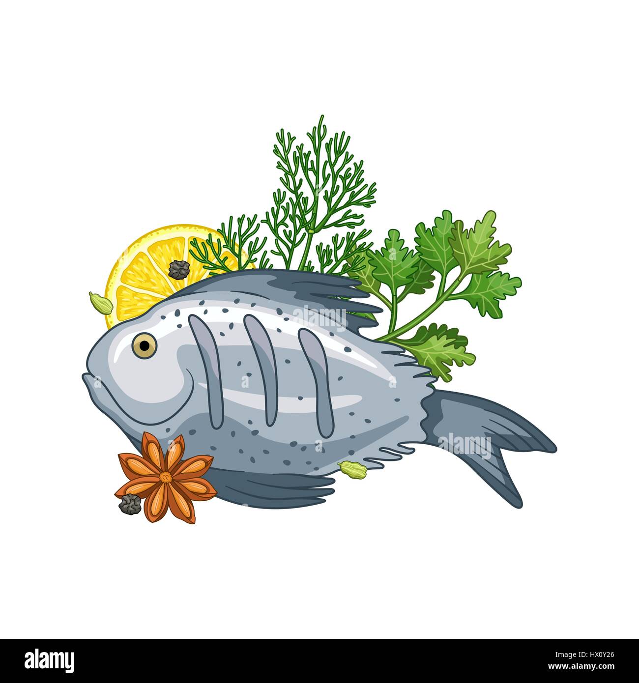 Fisch Teller Vektor-Illustration mit Gewürzen Stock Vektor