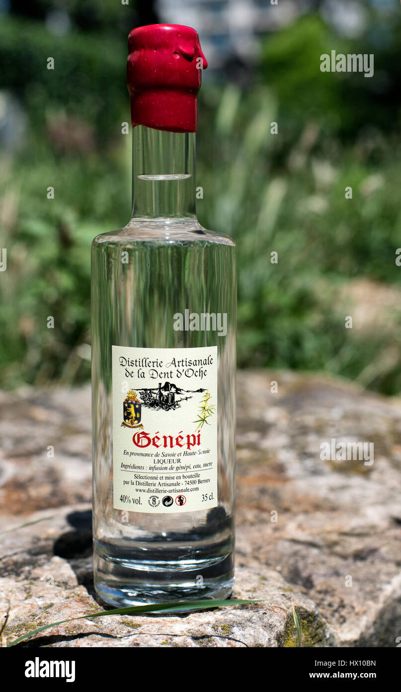 Flasche Génépi, traditionelle Kräuterlikör oder Aperitif popularisiert in den alpinen Regionen von Europa Stockfoto
