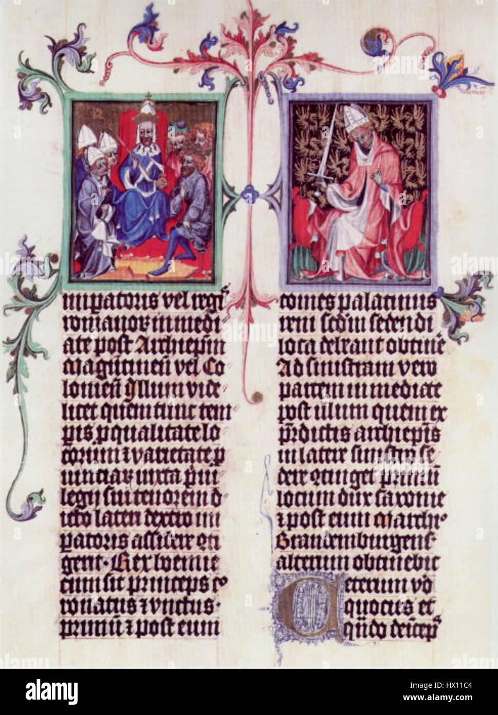 Die Goldene Bulle (Goldene Bulle) war ein Erlass des Heiligen Römischen Kaisers Karl IV. Im Jahre 1356, der wichtige Verfassungsgesetze und Vorschriften für das Heilige Römische Reich festlegte. Die Manuskriptfassung enthält den Text und die Abbildungen des Dekrets, das einen Eckpfeiler der mittelalterlichen europäischen Politik bildete. Stockfoto