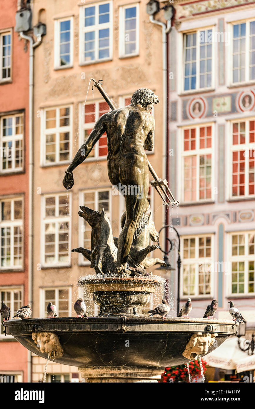 Polen, Danzig, Rechtstadt, Neptun-Brunnen in der Altstadt Stockfoto