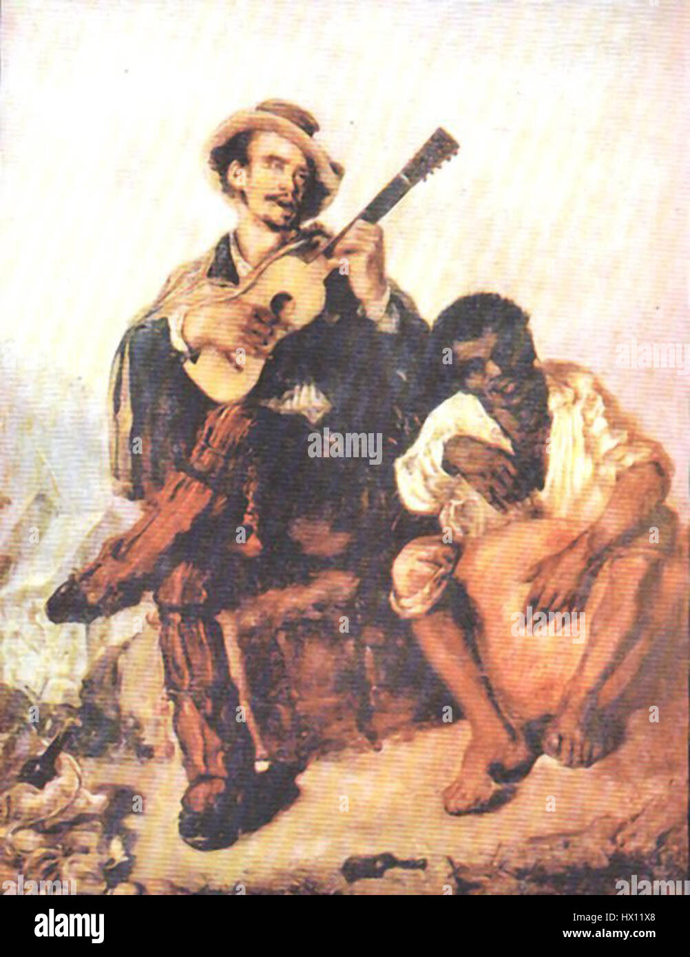 'Copla criolla' ist ein Gemälde von Ignacio Merino aus dem 19. Jahrhundert, das eine Szene darstellt, die in der lateinamerikanischen Kultur verwurzelt ist und eine traditionelle 'Copla'- oder Volksliedaufführung darstellt. Dieses Malgenre fängt den lebendigen Geist des kreolischen Lebens ein und konzentriert sich auf die emotionalen und kulturellen Ausdrucksformen dieser Zeit. Stockfoto