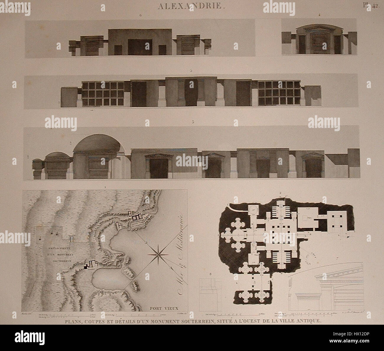 Beschreibung de Egypte, Kunstgegenstände V, Platte 42, Plänen und Ansichten von einer Katakombe an der Küste westlich von Alexandria, gezeichnet c.1798, veröffentlicht in der Panckoucke Ausgabe von 1821-9 Stockfoto