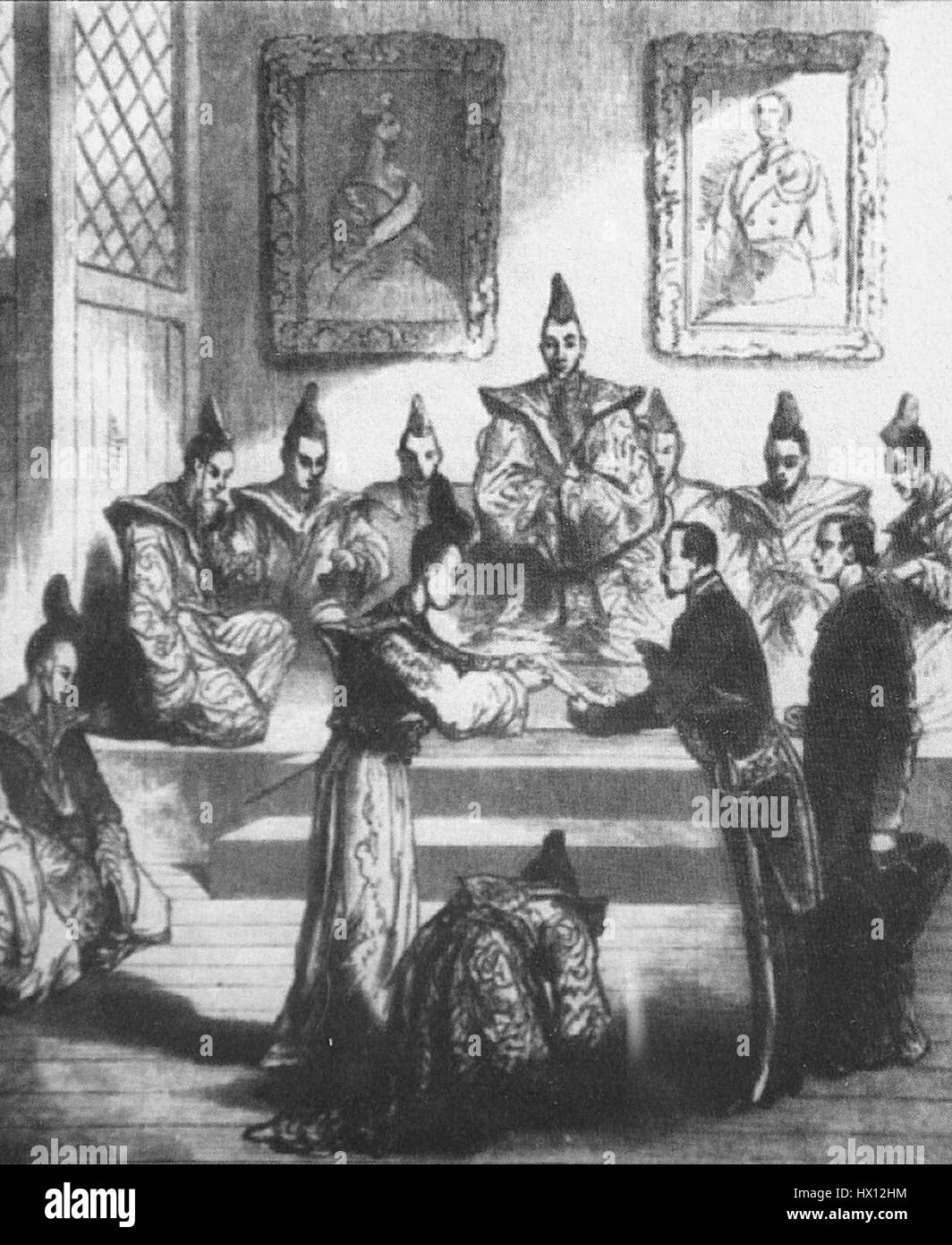 1859 stellte Duchesne de Bellecourt, ein französischer Diplomat, dem Shogun offiziell den Vertrag zwischen Frankreich und Japan vor. Dieses diplomatische Ereignis war ein wichtiger Moment bei der Öffnung Japans gegenüber der westlichen Welt und beeinflusste die künftigen politischen und handelspolitischen Beziehungen zwischen Frankreich und Japan. Stockfoto