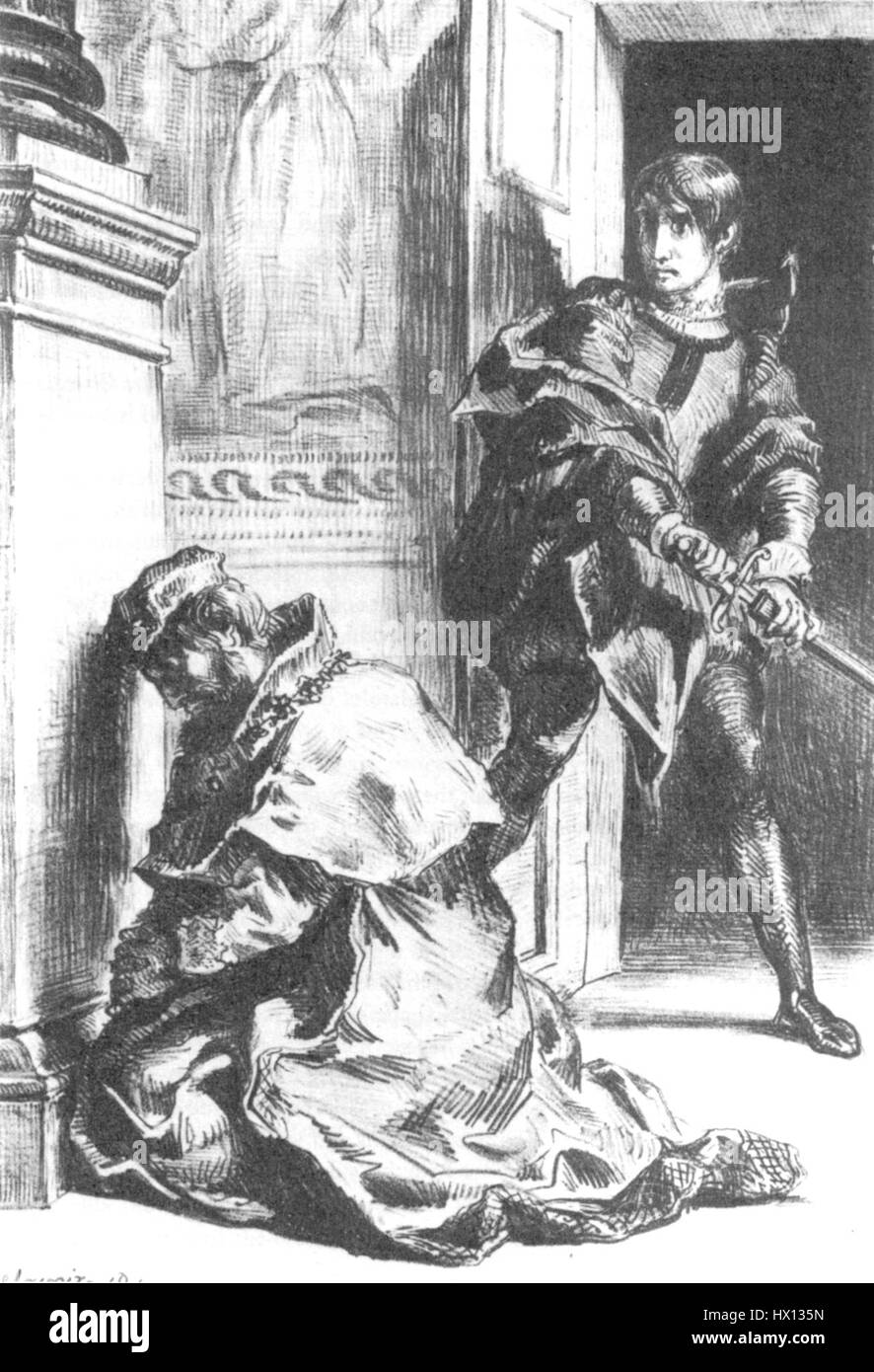 Eine Illustration von Eugène Delacroix der Szene aus Shakespeares „Hamlet“, wo Claudius beim Gebet gesehen wird. Das Gemälde fängt die Spannung und den dramatischen Moment des Spiels mit Delacroix' charakteristischem dynamischen Stil und emotionaler Intensität ein. Stockfoto