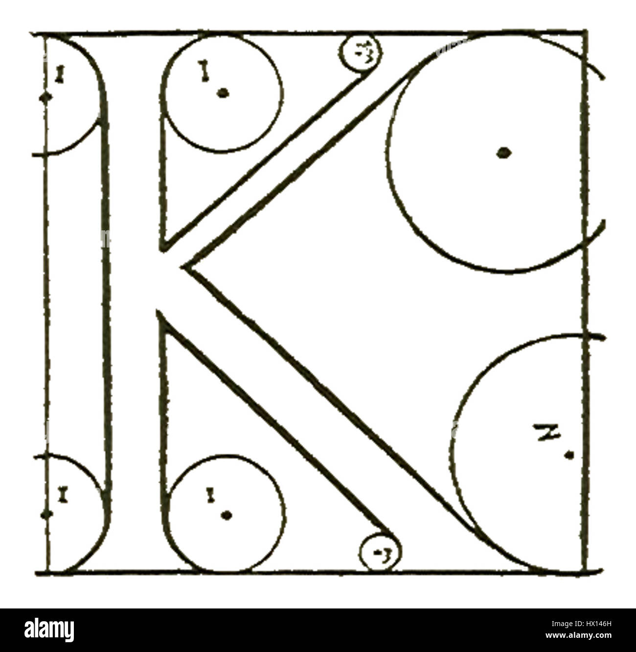 Francesco Torniello da Novaras „Buchstabe K“ (1517) ist Teil einer Serie von Leuchtbuchstaben. Dieses Werk ist ein Beispiel für die Renaissance-Kalligraphie und die Handschriftenbeleuchtung und zeigt die komplizierten Designs und die lebendige Farbgebung dieser Zeit. Stockfoto