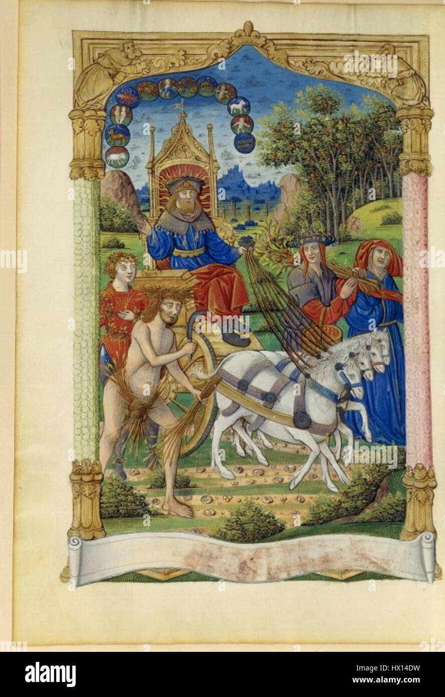 Diese allegorische Darstellung des „Triumphes der Zeit“ stammt aus dem Manuskript „Francais 223“. Das Bild zeigt die Personifikation der Zeit, die verschiedene Elemente erobert, ein beliebtes Thema in mittelalterlichen Manuskripten. Die Zeit wird in diesen Erzählungen oft als unaufhaltsame Kraft dargestellt. Stockfoto