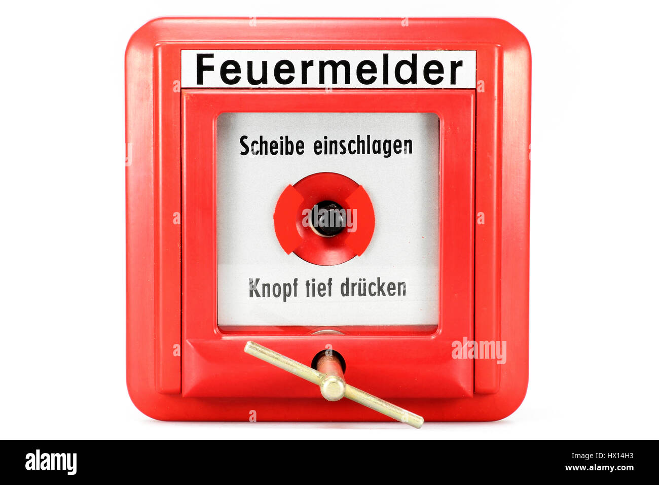 Deutsche Taster Feueralarm isoliert auf weißem Hintergrund Stockfoto