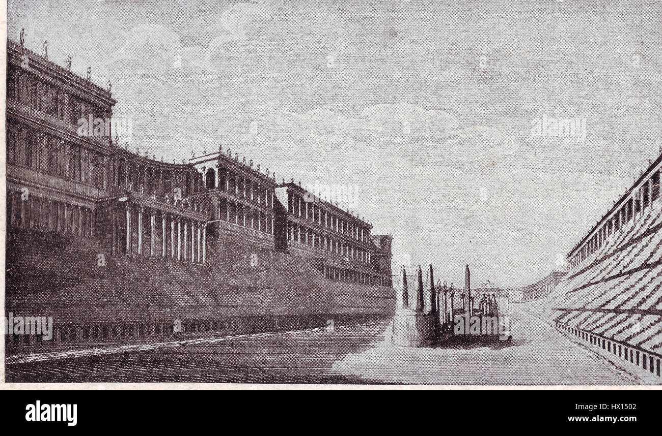Der Circus Maximus war ein altes römisches Wagenrennen-Stadion, das über 150.000 Zuschauer Platz bot. Es war ein zentraler Ort für öffentliche Unterhaltung und politische Veranstaltungen im antiken Rom. Stockfoto