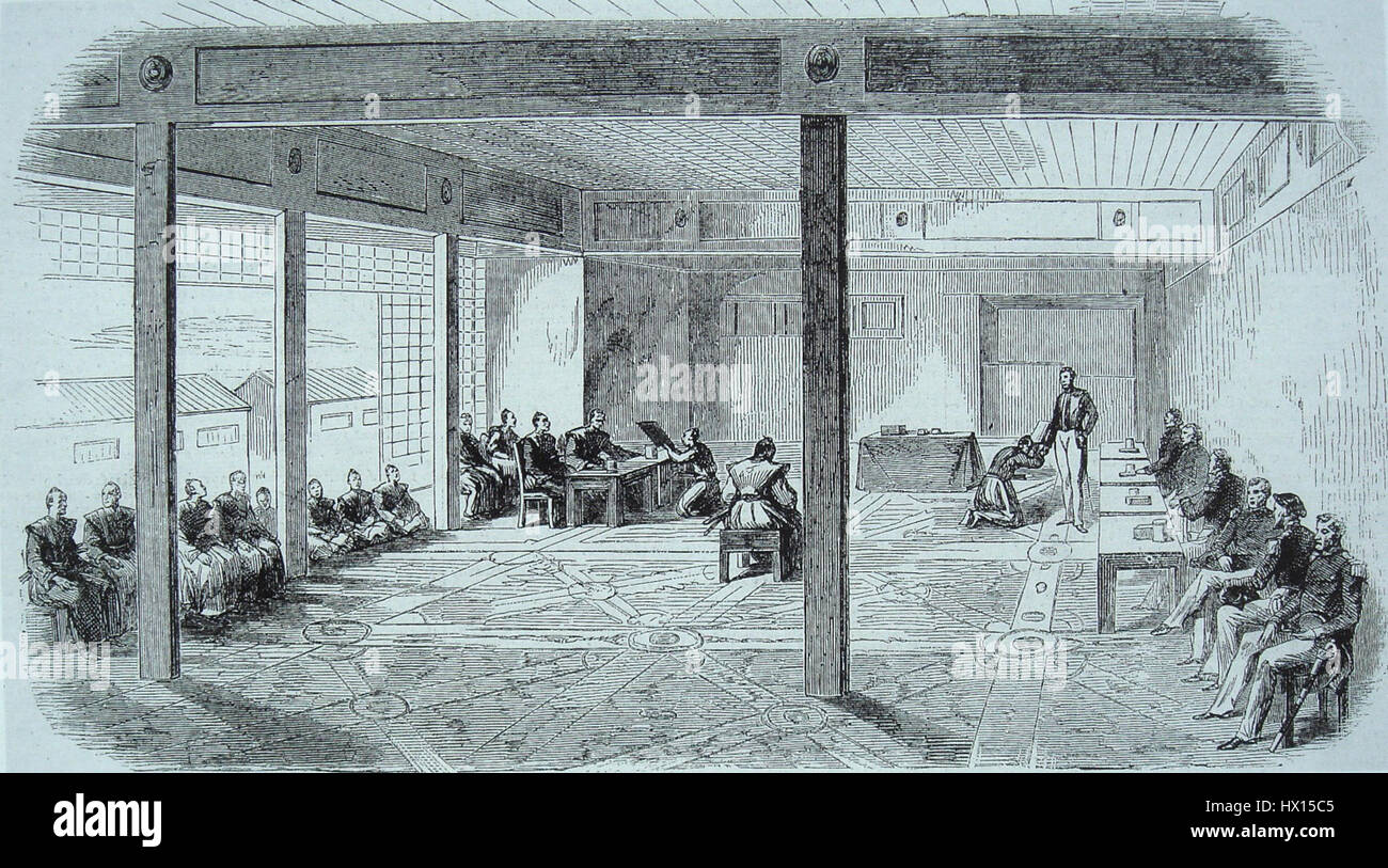 Der erste französisch-japanische Vertrag von 1858 war ein bedeutendes diplomatisches Abkommen zwischen Frankreich und Japan, das den Beginn formeller Beziehungen zwischen den beiden Nationen markierte. Der vertrag etablierte Handel, politischen und kulturellen Austausch und erleichterte Japans Öffnung gegenüber der westlichen Welt und seine Modernisierung während der Meiji-Ära. Stockfoto