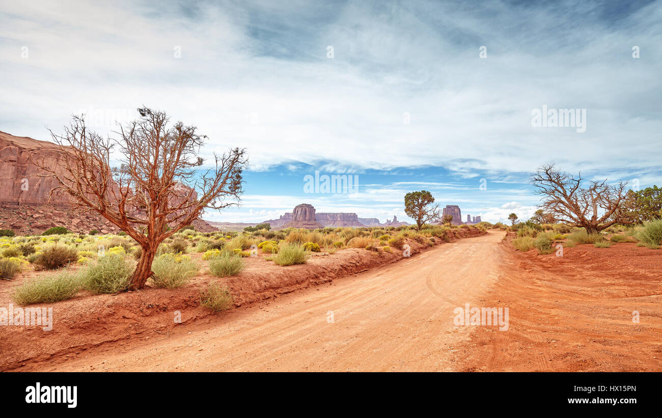 Panoramablick auf einer unbefestigten Straße in das Monument Valley, USA. Stockfoto