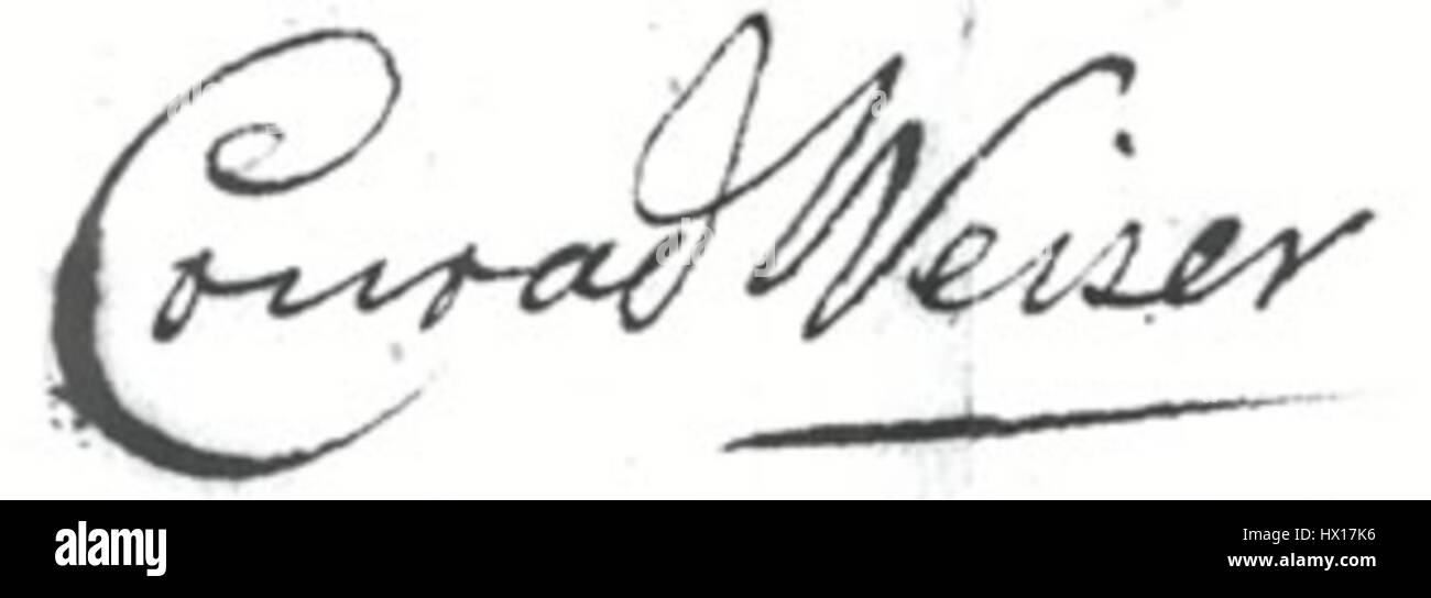 Die Unterschrift von Conrad Weiser, einem prominenten amerikanischen Diplomaten aus dem 18. Jahrhundert, zeigt seine Rolle in der frühen amerikanischen Kolonialgeschichte. Weiser spielte eine Schlüsselrolle in der Diplomatie zwischen indianischen Stämmen und europäischen Siedlern, insbesondere während der Kolonialzeit Pennsylvanias. Stockfoto