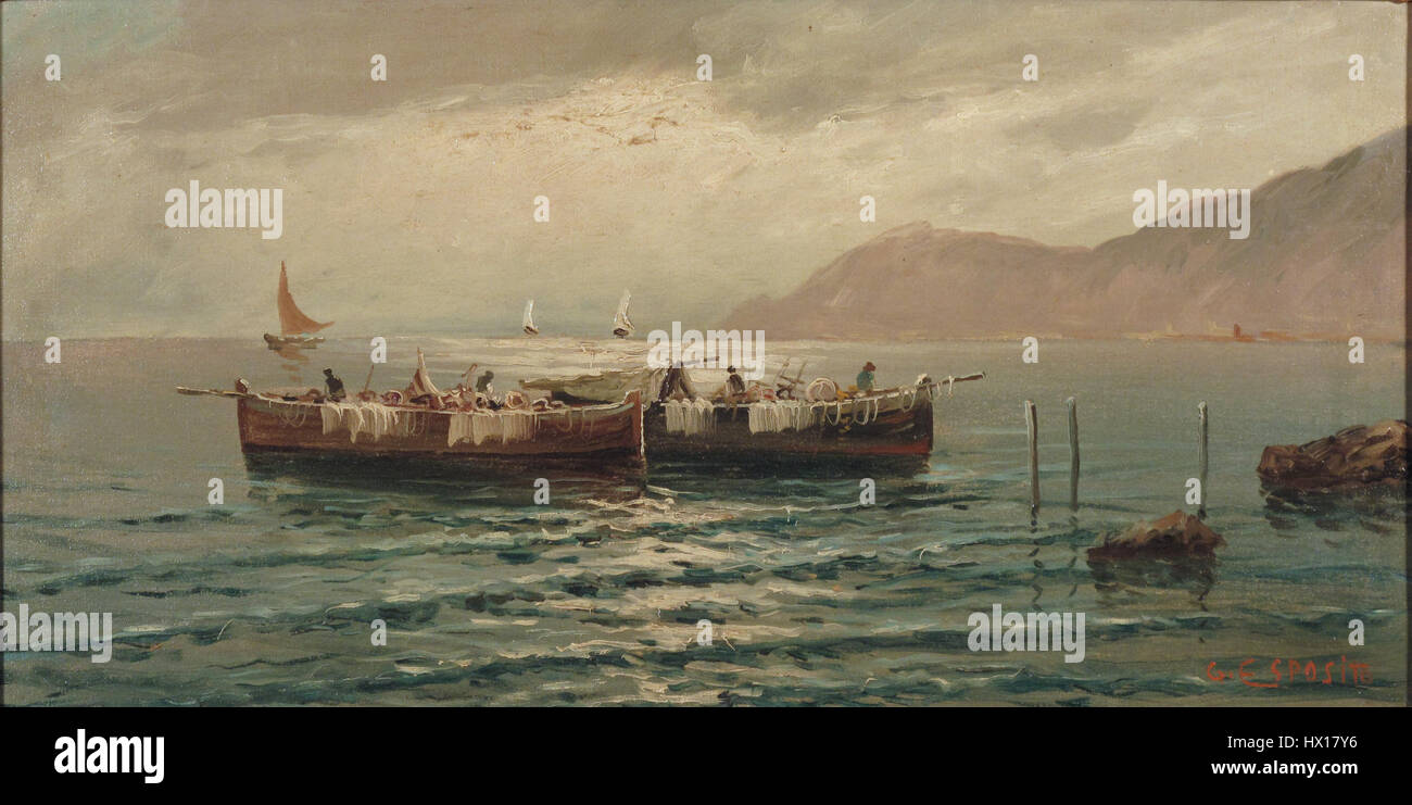 „I Pescatori“ von Gaetano Esposito zeigt Fischer bei der Arbeit, die einen Moment des täglichen Lebens in einer Küstenlandschaft festhalten. Das Gemälde spiegelt Espositos Liebe zum Detail und seinen Fokus auf das italienische ländliche Leben und die Fischergemeinde wider. Stockfoto