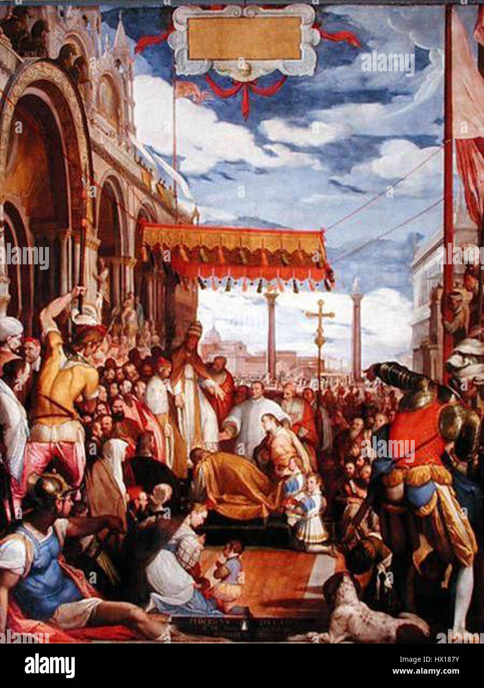 Federico Zuccaris „Il Barbarossa Bacia il Piede al Papa“ beschreibt den historischen Moment, in dem Kaiser Friedrich I. (Barbarossa) vor dem Papst kniet, um Absolution zu suchen. Das Gemälde fängt die Spannung dieses politischen und religiösen Ereignisses im Mittelalter ein. Stockfoto